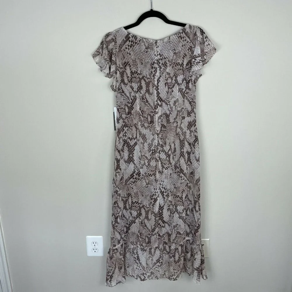 Vince Camuto Womens Printed Chiffon Midi Dress 8 Ruffle Flutter Sleeve Snakeskin
